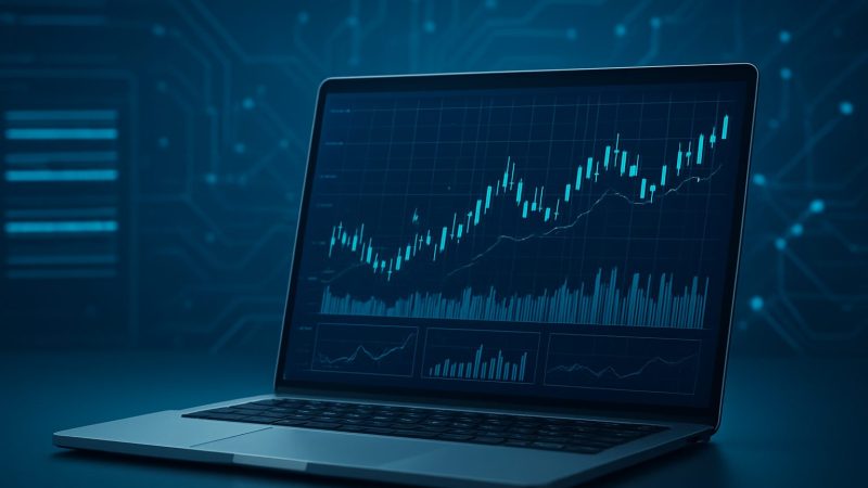 A close-up of a laptop displaying stock market graphs and data analytics on a dark blue background.