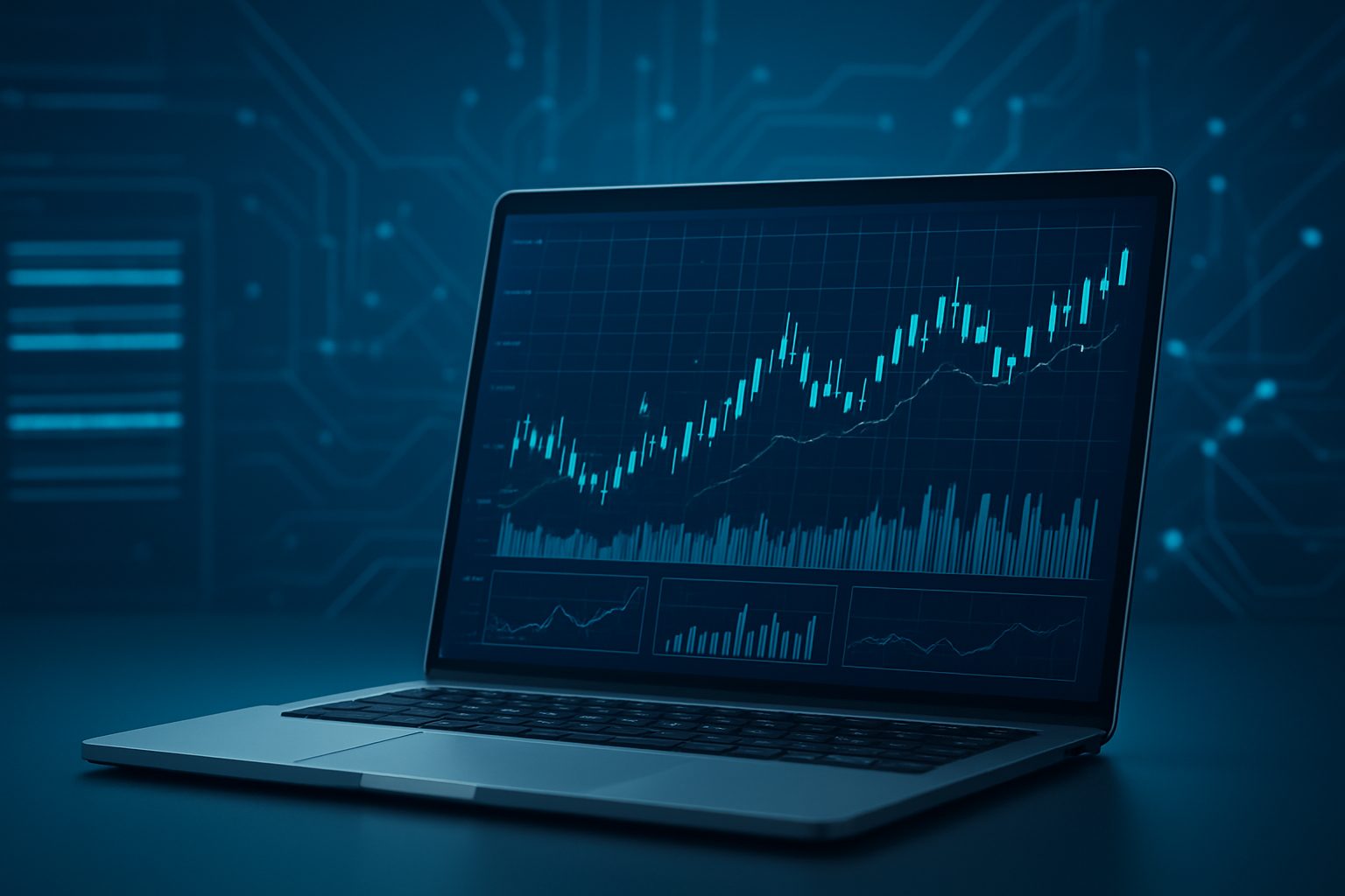 A close-up of a laptop displaying stock market graphs and data analytics on a dark blue background.