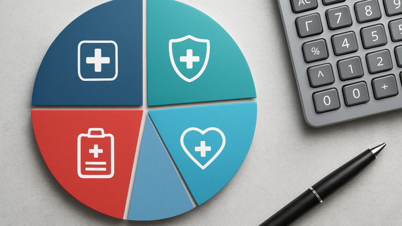 A pie chart with various health-related icons representing different provider options alongside a calculator and pen.