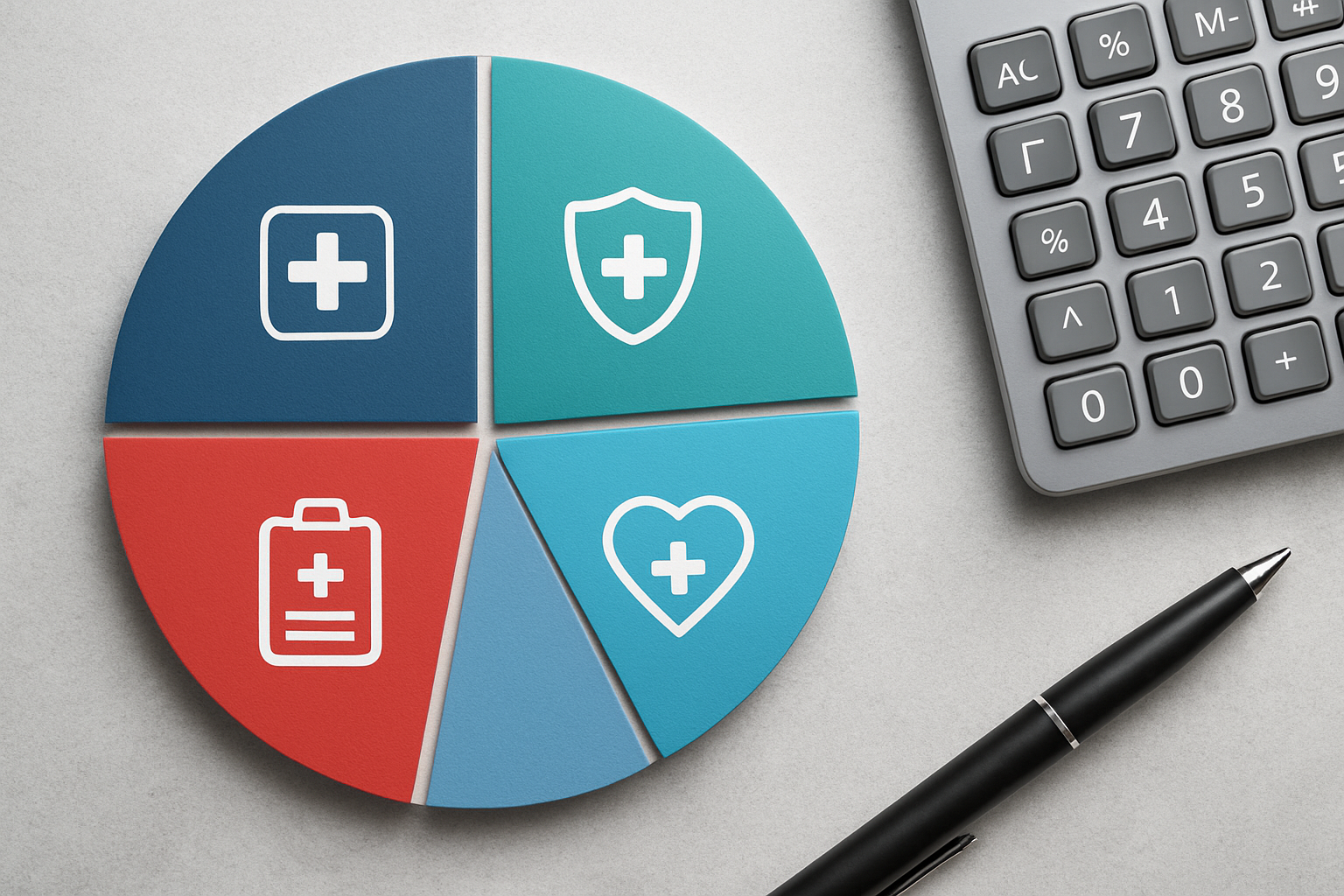 A pie chart with various health-related icons representing different provider options alongside a calculator and pen.